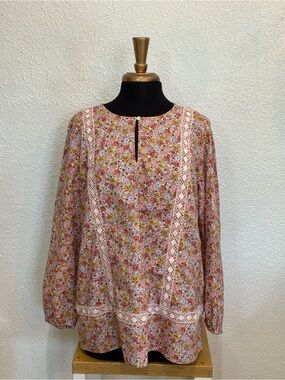 Lands' End Floral Lace-Trim Blouse - Pink Multi